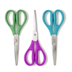U-Eco Scissors, 9.45" Long, 3" Cut Length, Straight Assorted Color Handles, 3/Pack
