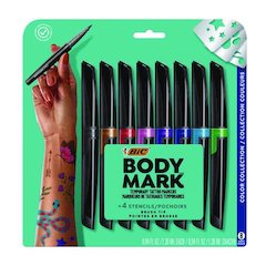 BodyMark Temporary Tattoo Markers, Fine Brush Tip, Assorted Colors, 8/Pack