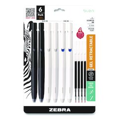 bLen Gel Pen, Medium 0.7 mm, Black; Blue Ink, White; Black Barrel, 6/Pack