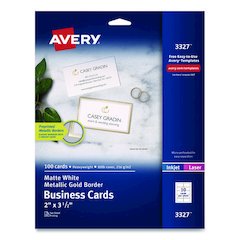 Business Cards with Metallic Gold Borders, Inkjet/Laser, 2 x 3.5, White, 10 Cards/Sheet, 10 Sheets/Pack