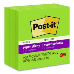 Super Sticky Pads in Energy Boost Collection Colors, 3 x 3, Limeade, 90 Sheets/Pad, 5 Pads/Pack