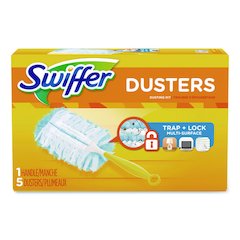 Dusters Starter Kit, Dust Lock Fiber, 6" Handle with Five Refill Dusters, Blue/Yellow