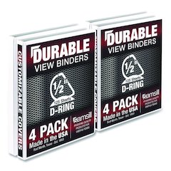 Durable D-Ring View Binders, 3 Rings, 0.5" Capacity, 11.5" x 8.5", White, 4/Pack
