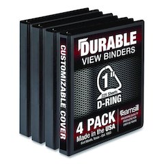 Durable D-Ring View Binders, 3 Rings, 1" Capacity, 11.5" x 8.5", Black, 4/Pack