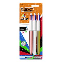 4-Color Shine Multi-Color Ballpoint Pen, Retractable, Medium 1mm, Black/Blue/Green/Red Ink, Assorted Metallic Barrels, 3/Pack