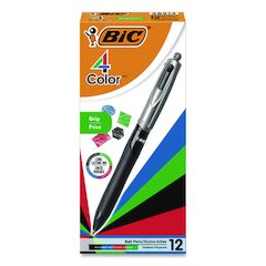 4-Color Pro Grip Multi-Color Ballpoint Pen, Retractable, Medium 1 mm, Black/Blue/Green/Red Ink, Black/Gray Barrel, Dozen
