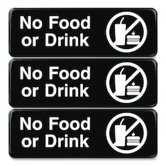 No Food or Drink Wall Sign, 9" x 3", Black Face, White Graphics, 3/Pack