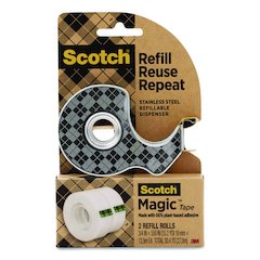 Stainless Steel Refillable Tape Dispenser with 2 Rolls 0.75" x 550" Tape