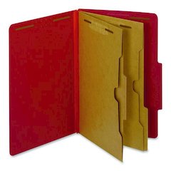 Pressboard Top Tab Classification Folders, 2/5-Cut Tab, Expands 2.5", 2 Dividers, 6 Fasteners, Legal Size, Bright Red, 10/Box