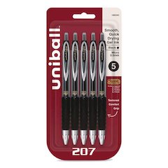 Signo 207 Gel Pen, Retractable, Fine 0.5 mm, Black Ink, Smoke/Black Barrel, 5/Pack