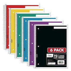 Spiral Notebook, 1-Subject, Wide/Legal Rule, Assorted Cover Colors, (70) 10.5 x 8 Sheets, 6/Pack
