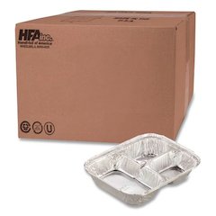 Aluminum Oblong Container with Lid, 3 Compartments, 24 oz, 8.5 x 6.38 x 1.47, Silver, 250/Carton