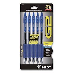 G2 Premium Gel Pen, Retractable, Fine 0.7 mm, Blue Ink, Smoke/Blue Barrel, 5/Pack