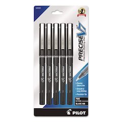 Precise V7 RollerBall Pen, Stick, Fine 0.7 mm, Black Ink, Black/Clear Barrel, 5/Pack