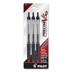 Precise V5RT Roller Ball Pen, Retractable, Extra-Fine 0.5 mm, Black Ink, Black/Silver Barrel, 3/Pack