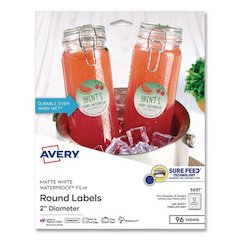Waterproof Round Labels with Sure Feed Technology, Laser/Pigment-Based Inkjet, 2" dia, Matte White, 12/Sheet, 8 Sheets/Pack