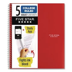 Wirebound Notebook, 5-Subject, Medium/College Rule, Fire Red Cover, (200) 11 x 8.5 Sheets