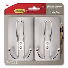Decorative X-Large Triple Hooks, Metal, Satin Nickel, Supports 10 lb, 2/Pack