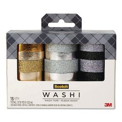Washi Glitter Metallic Tape, Black/Gold/Silver, Assorted Sizes/Colors/Finishes, 15 Rolls/Pack