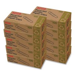 Recycled Paper Clips, Jumbo, Smooth, Silver, 100 Clips/Box, 10 Boxes/Pack