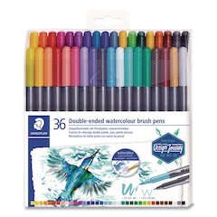 Double-Ended Watercolor Brush Pens, Fine (0.5 to 0.8 mm) and Medium (0.6 to 1 mm) Brush Tips, Assorted Colors, 36/Set