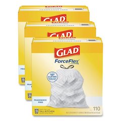 ForceFlex Kitchen Drawstring Trash Bags, Drawstring, 13 gal, Unscented, 23.47 x 25.38, White, 110 Bags/Box, 3 Boxes/Carton