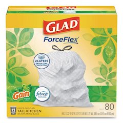 ForceFlex Kitchen Drawstring Trash Bags, 13 gal, Gain Original Scent, 24 x 27.38, White, 80/Box