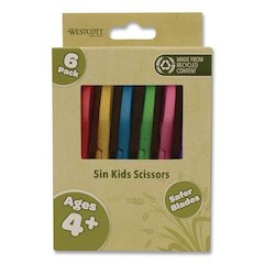 KleenEarth Rice Husk Kids Scissors, Rounded Tip, 5" Long, 2" Cut Length, Straight Assorted Color Handles, 6/Pack