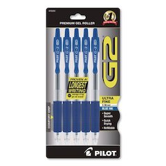 G2 Edge Premium Gel Pen, Retractable, Ultra Fine 0.38 mm, Blue Ink, Clear/Blue Barrel, 5/Pack