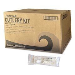 Six-Piece Cutlery Kit, Mediumweight, Fork/Knife/Napkin/Pepper/Salt/Spoon, 5.86", Plastic, White, 250/Carton