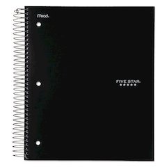 Wirebound Notebook, 5-Subject, Medium/College Rule, Black Cover, (200) 11 x 8.5 Sheets