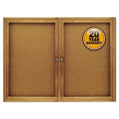 Enclosed Indoor Cork Bulletin Board with Two Hinged Doors, 48" x 36", Tan Surface, Oak Finished Fiberboard (MDF) Frame