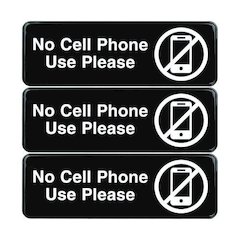 No Cell Phone Use Please Indoor/Outdoor Wall Sign, 9 x 3, Black Face, White Graphics, 3/Pack