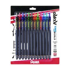 EnerGel Kuro Gel Pen, Retractable, Medium 0.7 mm, Assorted Ink Colors, Black Barrel, 12/Pack