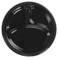 Heavyweight Plastic 3 Compartment Plates, 10 1/4" Dia, Black, 125/PK, 4 Packs/CT