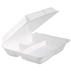 Foam Hinged Lid Container, 3 Compartments, 9.3 x 9.5 x 3, White, 100/Bag, 2 Bag/Carton