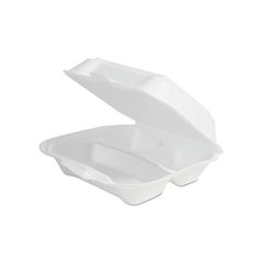 Double-Foam Food Containers, 8 x 8 x 3, White, 3-Compartment, 2/Carton