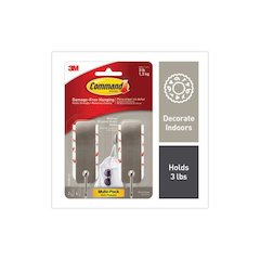 Decorative Hooks, Medium, Metal, Brushed Nickel, 3 lb Capacity, 2 Hooks and 4 Strips/Pack