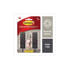 Decorative Hooks, Medium, Plastic, Matte Black, 3 lb Capacity, 2 Hooks and 4 Strips/Pack