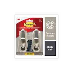 Adhesive Mount Metal Hook, Large, Brushed Nickel Finish, 5 lb Capacity, 2 Hooks and 4 Strips/Pack