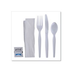 Six-Piece Cutlery Kit, Heavyweight, Fork/Knife/Napkin/Pepper/Salt/Spoon, Plastic, White, 250/Carton