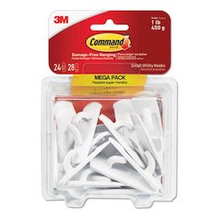 Small Utility Hooks, Plastic, White, Supports 1 lb, 24/Pack