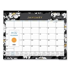 Baccara Dark Desk Pad, Floral Artwork, 22 x 17, White/Black/Gold Sheets, Black Binding, 12-Month (Jan to Dec): 2026