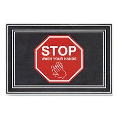 Social Distancing Message Mats, White/Red Printed Message: Stop - Wash Your Hands, 36" x 24", Charcoal Gray Surface