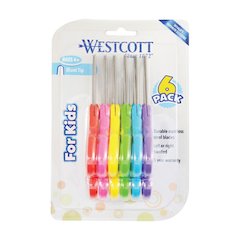 For Kids Scissors, Rounded Tip, 5" Long, 1.75" Cut Length, Straight Assorted Color Handles, 6/Pack