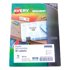 7530016878443, SKILCRAFT AVERY Durable Self-Laminating ID Labels, 1.03 x 3.5, White, 10/Sheet, 25 Sheets/Pack