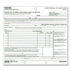 Speediset Bill of Lading, Short Form, Three-Part Carbonless, 7 x 8.5, 50 Forms Total