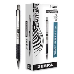 F-301 Ballpoint Pen, Retractable, Fine 0.7 mm, Black Ink, Stainless Steel/Black Barrel, Dozen