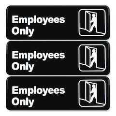 Employees Only Indoor/Outdoor Wall Sign, 9" x 3", Black Face, White Graphics, 3/Pack