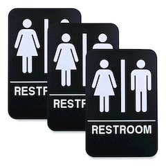 Indoor/Outdoor Restroom with Braille Text, 6 x 9, Black Face, White Graphics, 3/Pack